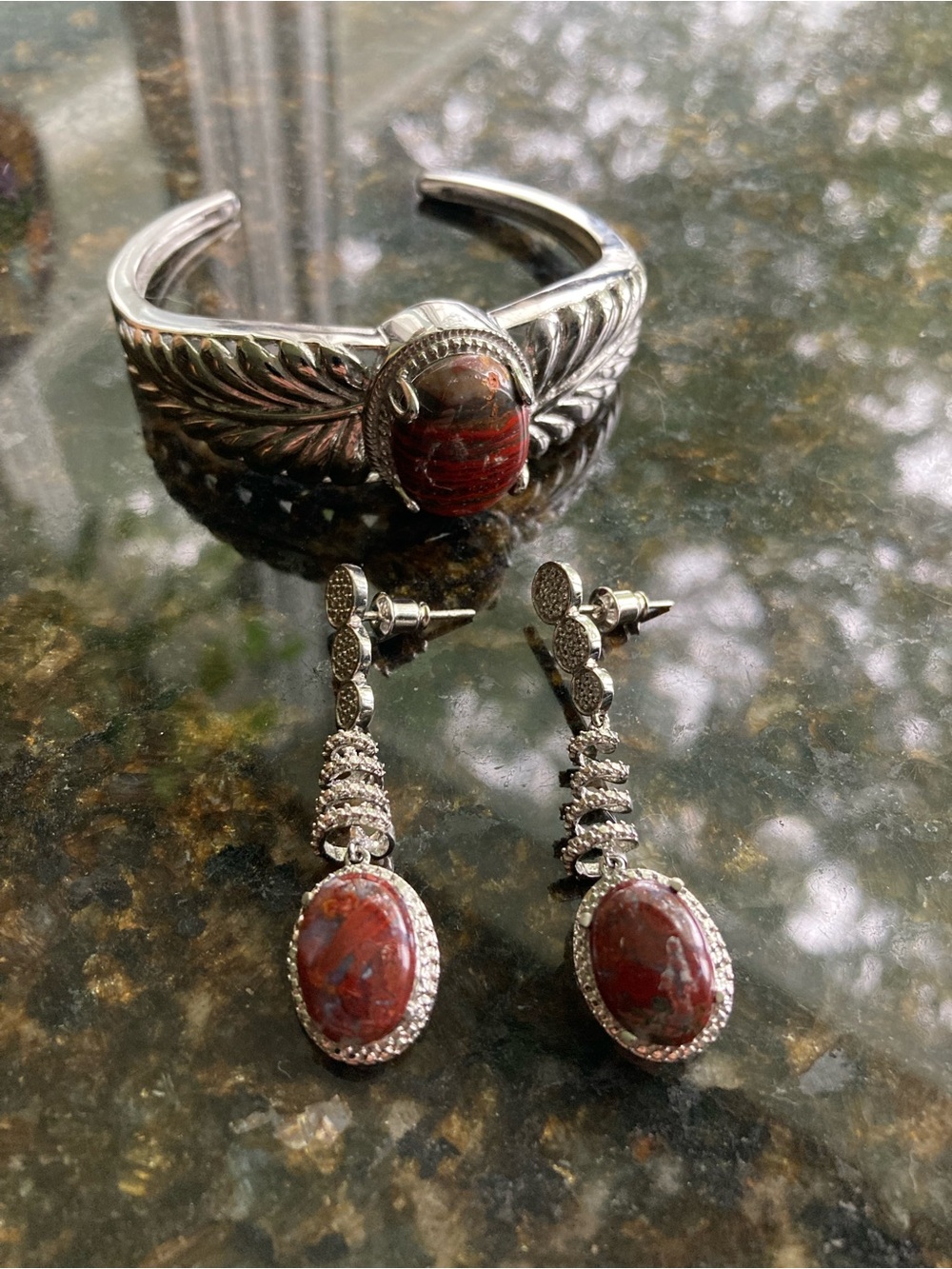 Red Jasper Cuff Bracelet and Earring Matching Set 316L Stainless Steel Gorgeous